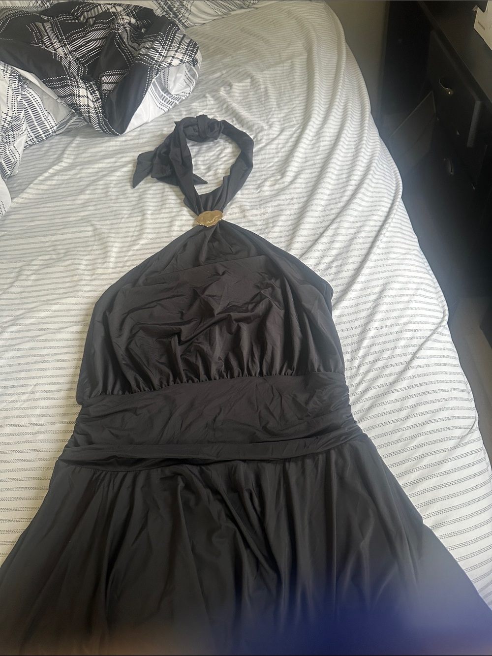 Black Halter Maxi Dress with Gold Ring Detail